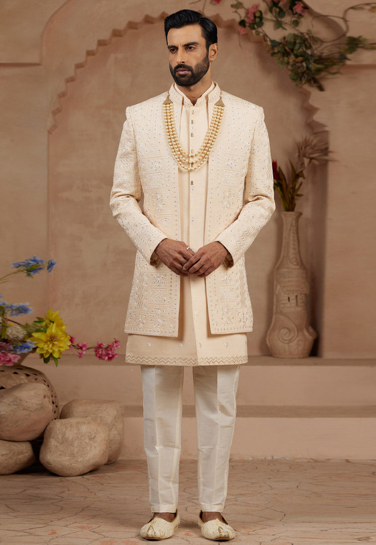 Beige Silk Jacket Style Sherwani