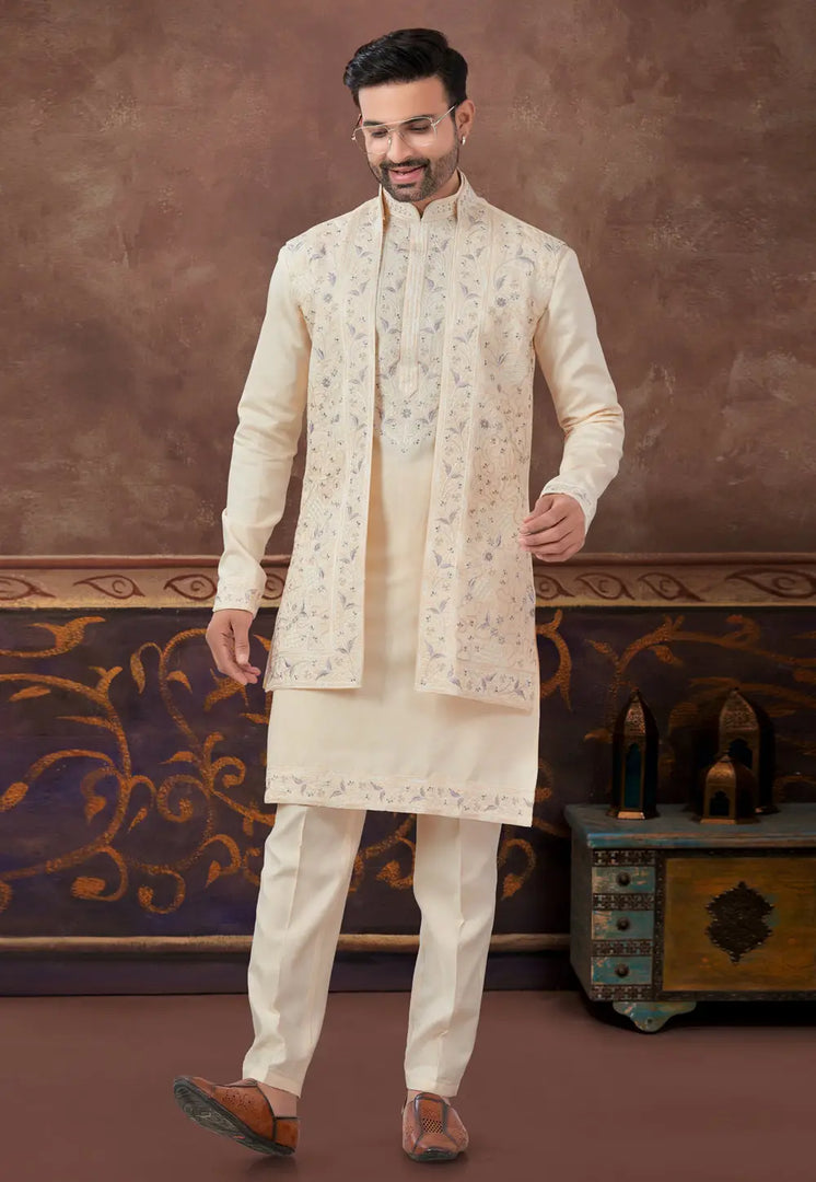 Beige Silk Kurta Pajama With Jacket