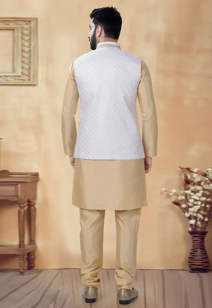Beige Silk Kurta Pajama With Jacket