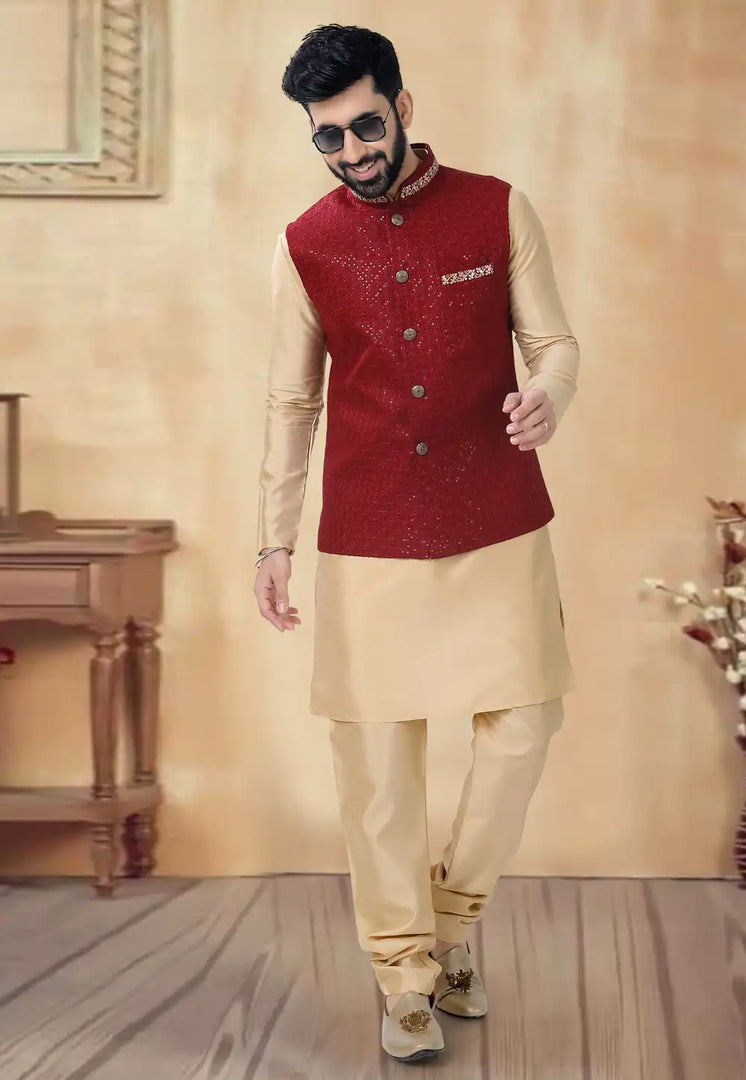 Beige Silk Kurta Pajama With Jacket