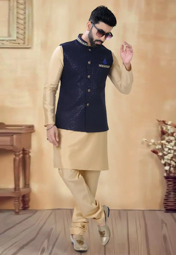 Beige Silk Kurta Pajama With Jacket