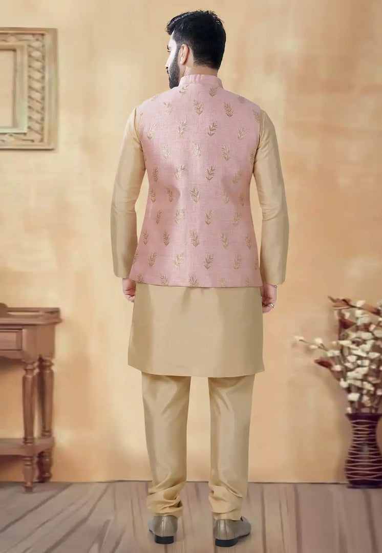 Beige Silk Kurta Pajama With Jacket
