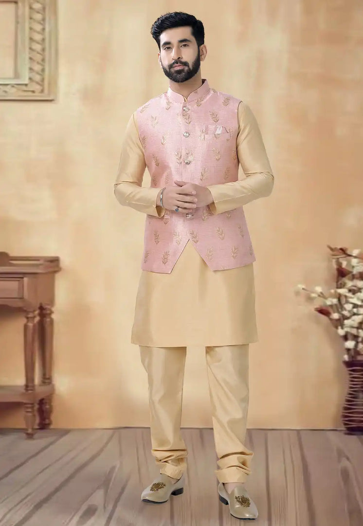 Beige Silk Kurta Pajama With Jacket