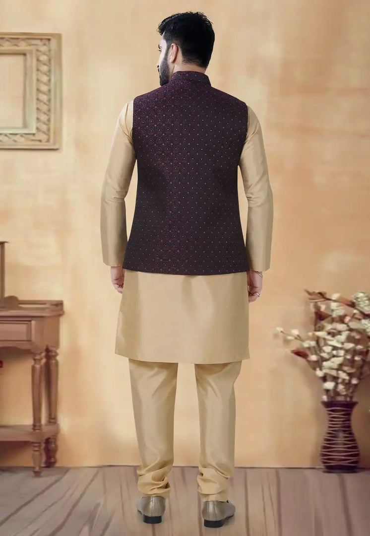 Beige Silk Kurta Pajama With Jacket