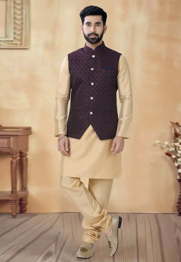 Beige Silk Kurta Pajama With Jacket