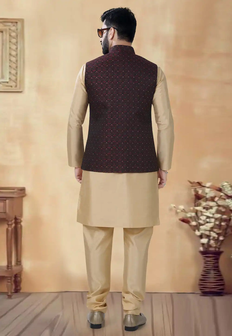 Beige Silk Kurta Pajama With Jacket