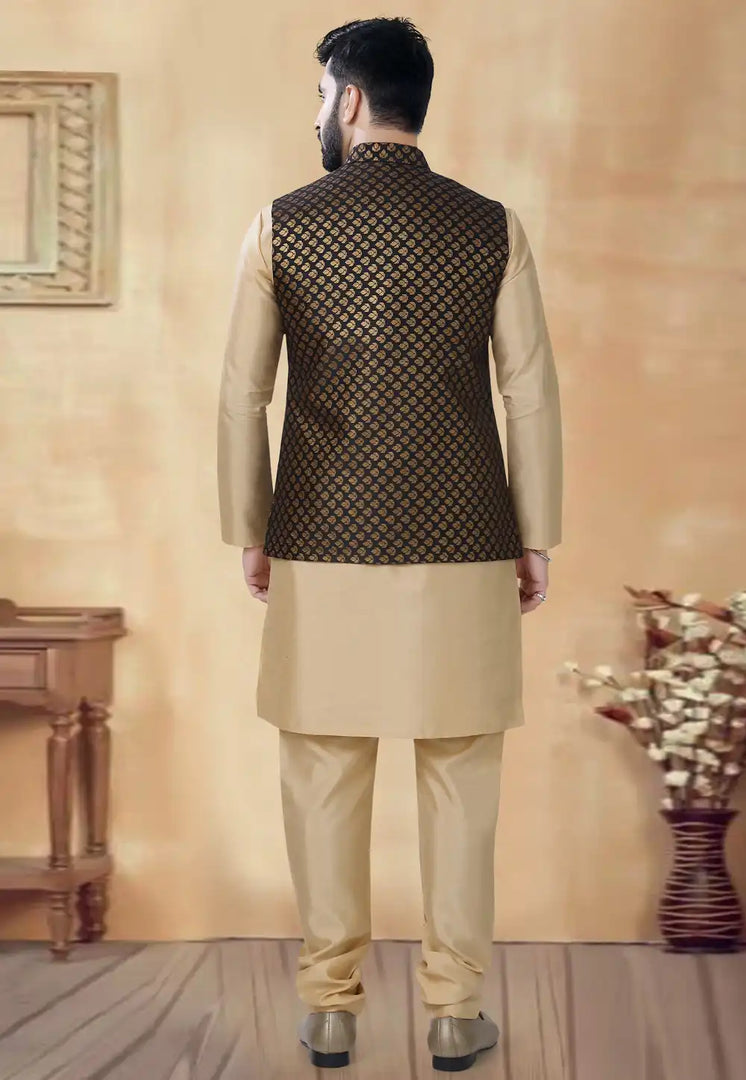 Beige Silk Kurta Pajama With Jacket