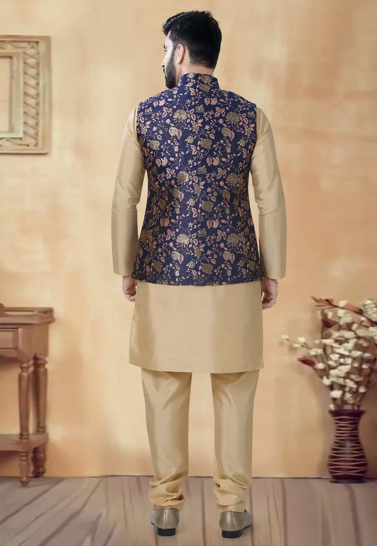 Beige Silk Kurta Pajama With Jacket