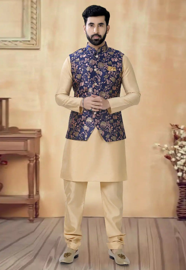 Beige Silk Kurta Pajama With Jacket