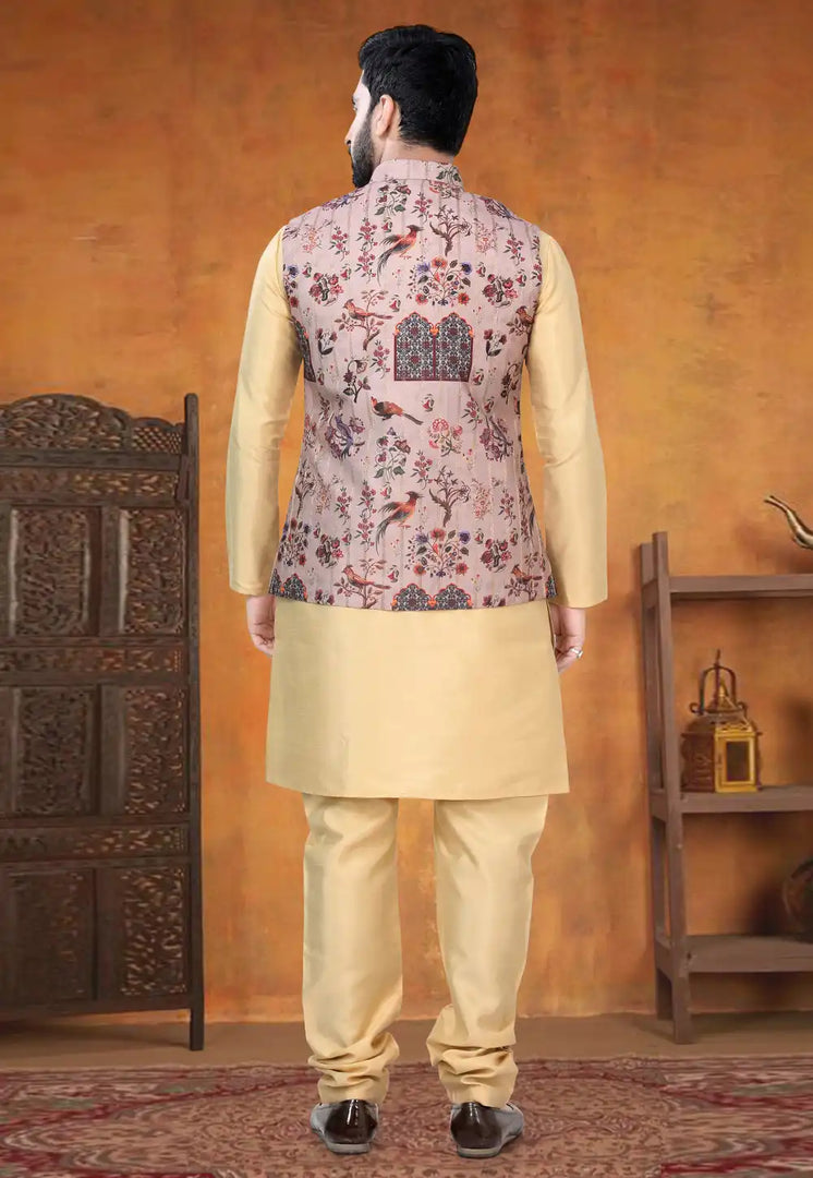 Beige Silk Kurta Pajama With Jacket
