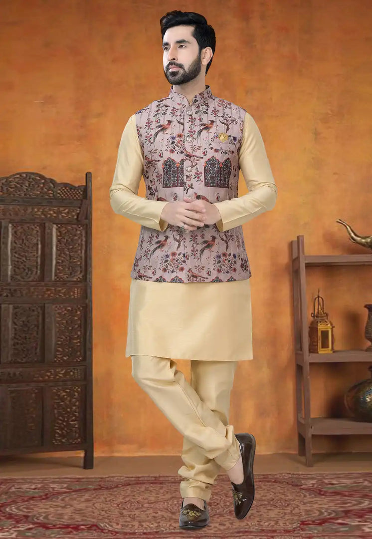 Beige Silk Kurta Pajama With Jacket