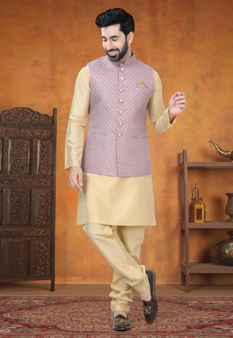 Beige Silk Kurta Pajama With Jacket