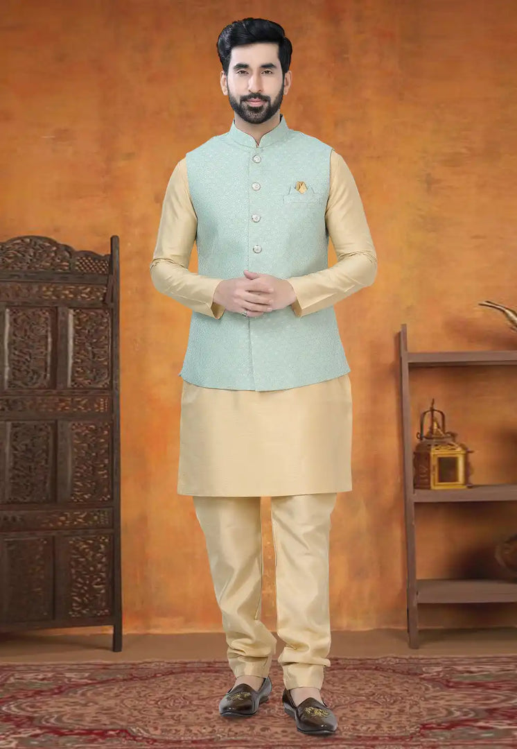 Beige Silk Kurta Pajama With Jacket