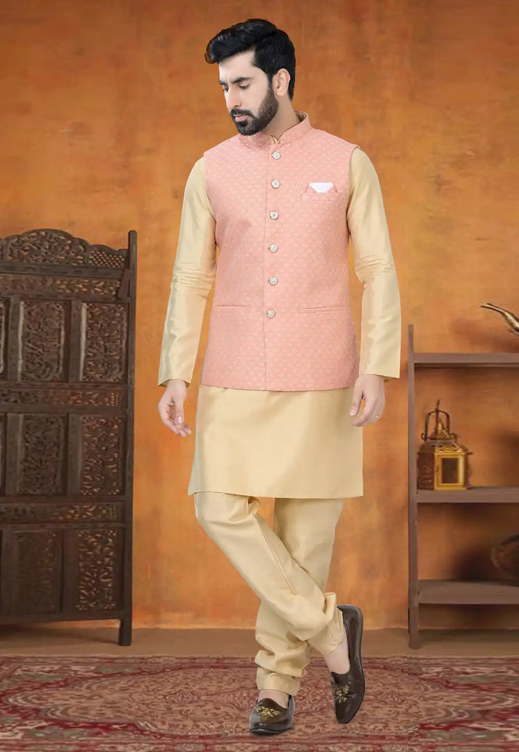 Beige Silk Kurta Pajama With Jacket