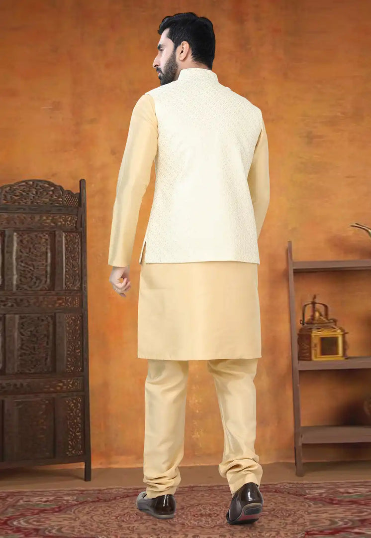 Beige Silk Kurta Pajama With Jacket