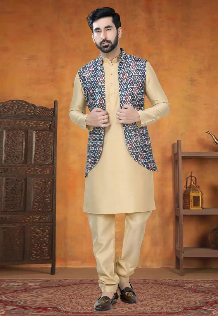 Beige Silk Kurta Pajama With Jacket