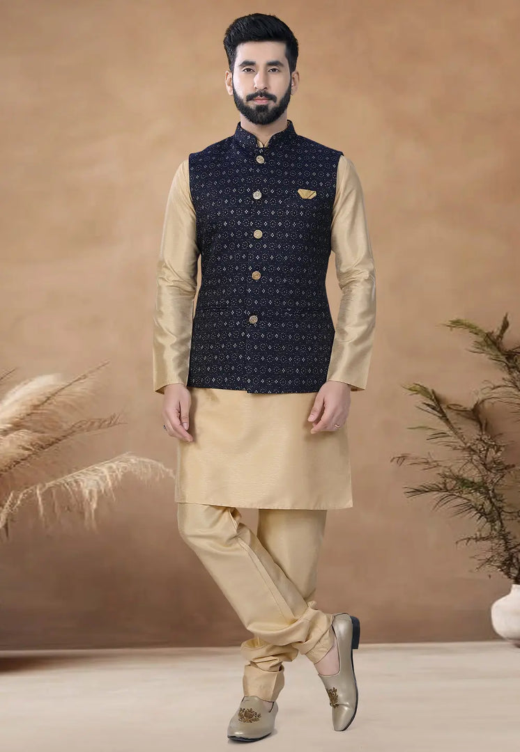 Beige Silk Kurta Pajama With Jacket