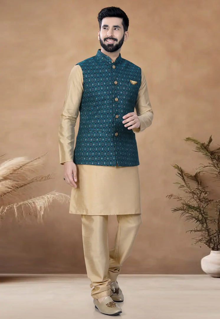 Beige Silk Kurta Pajama With Jacket