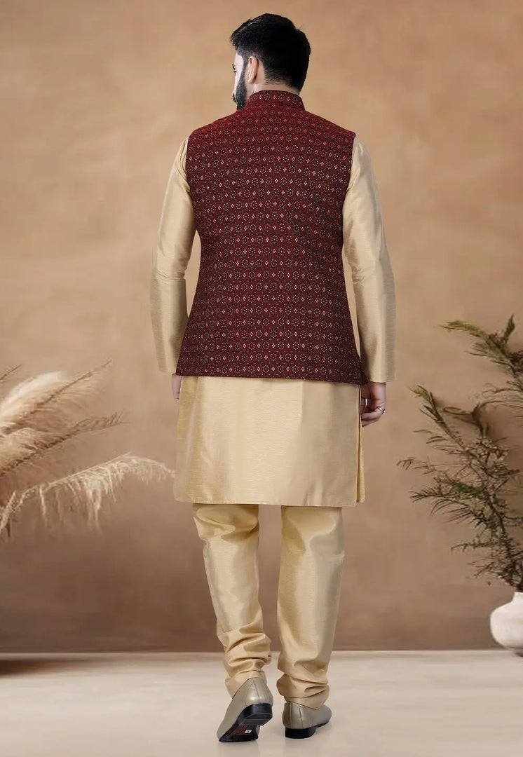 Beige Silk Kurta Pajama With Jacket