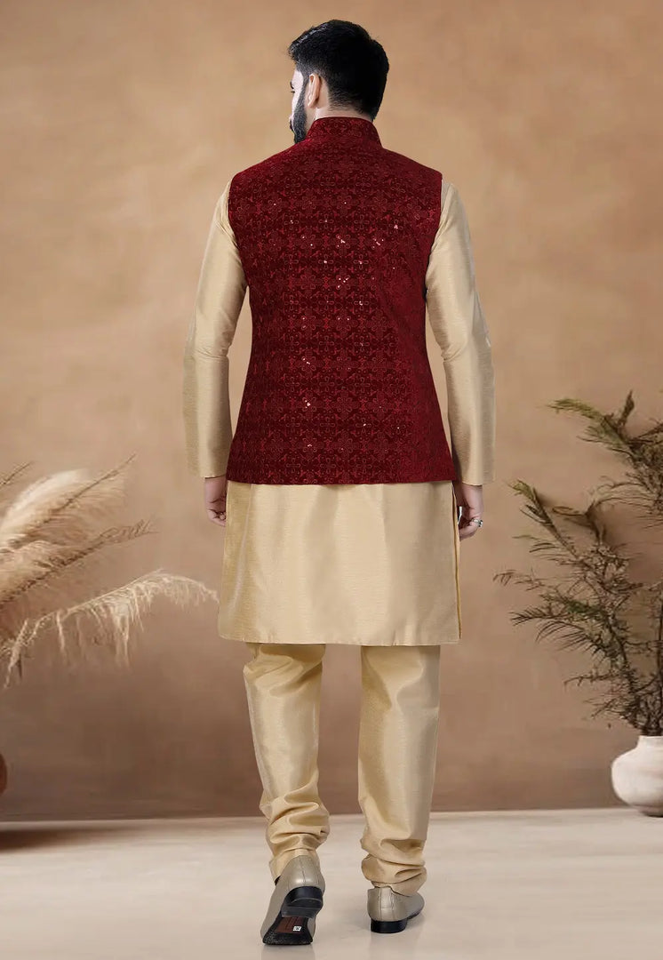 Beige Silk Kurta Pajama With Jacket