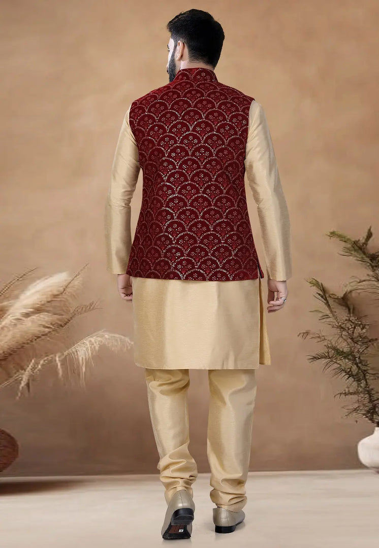 Beige Silk Kurta Pajama With Jacket