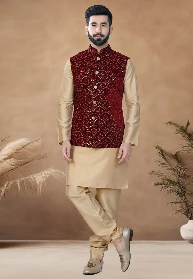 Beige Silk Kurta Pajama With Jacket