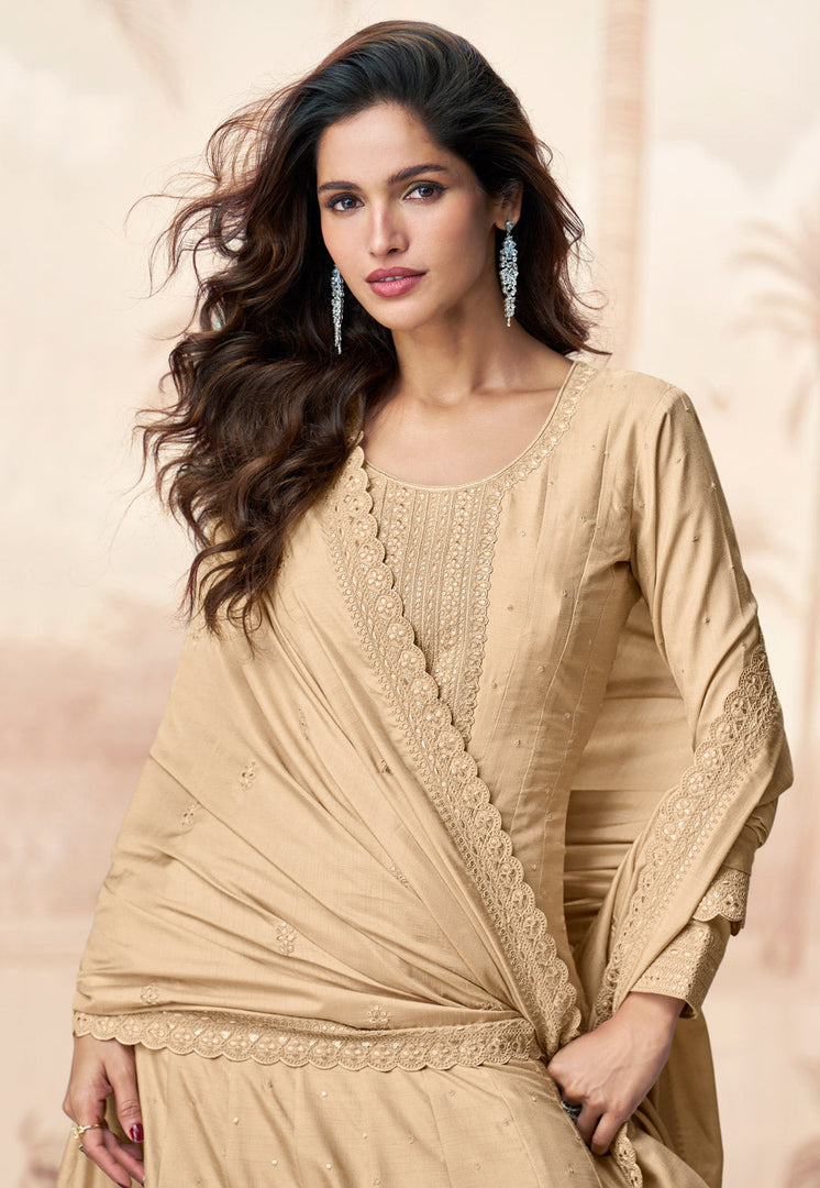 Beige Silk Long Anarkali Suit
