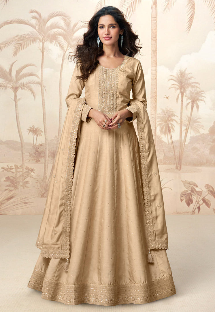 Beige Silk Long Anarkali Suit