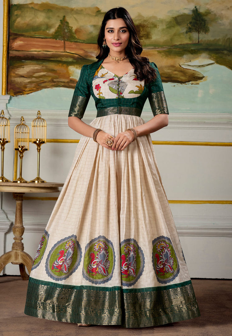 Beige Silk Printed Gown