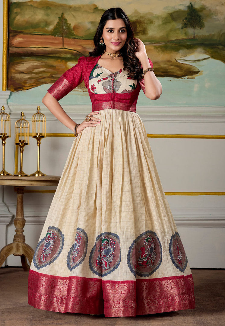 Beige Silk Printed Gown