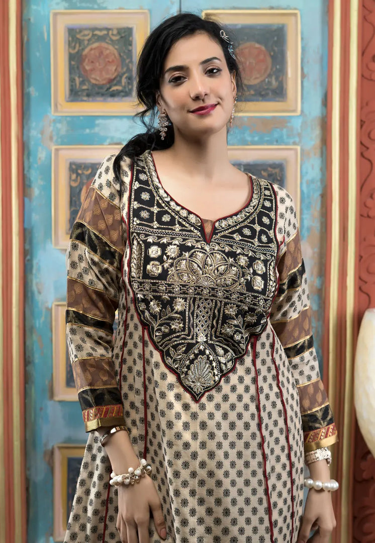 Beige Silk Readymade Anarkali Suit