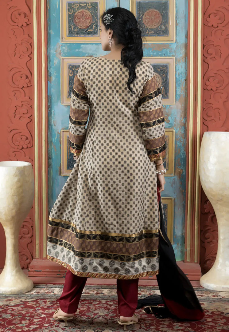 Beige Silk Readymade Anarkali Suit