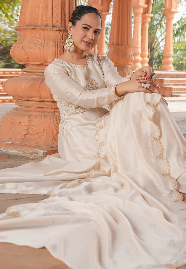 Beige Silk Readymade Anarkali Suit