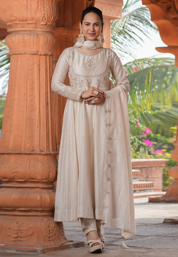 Beige Silk Readymade Anarkali Suit