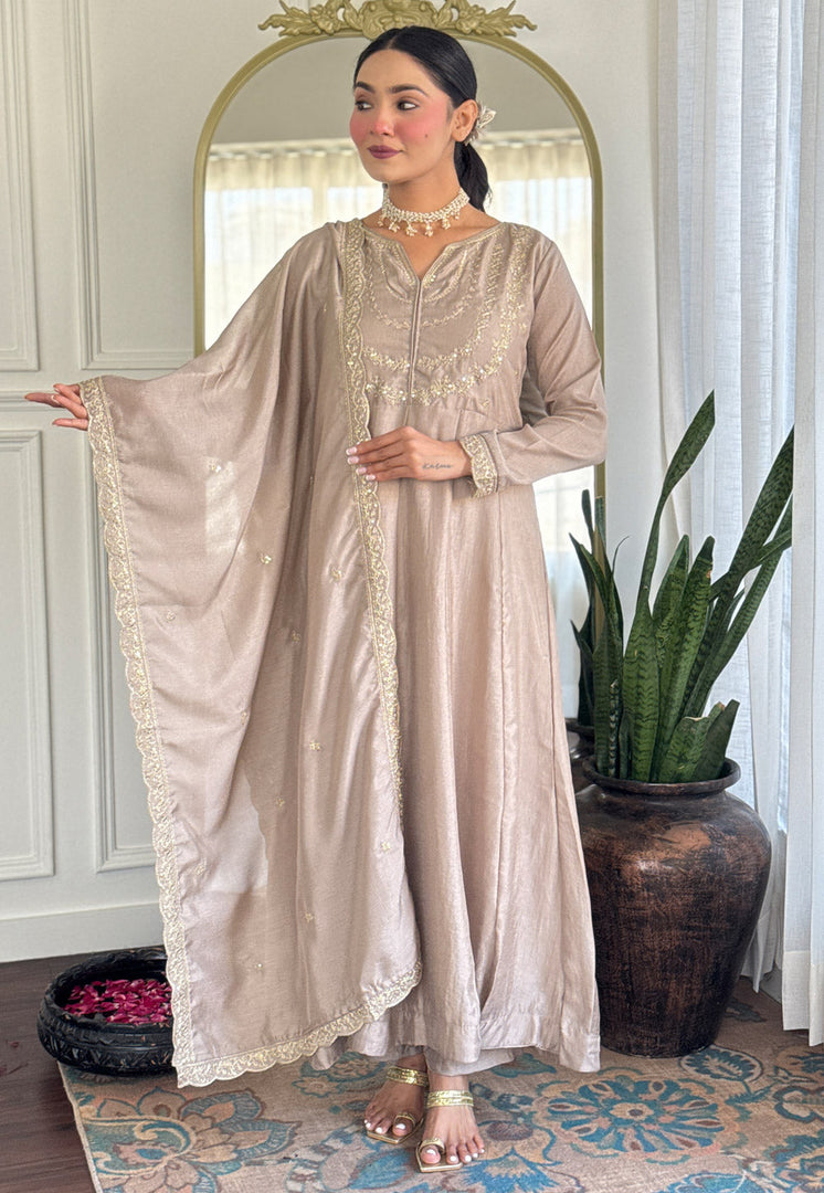Beige Silk Readymade Anarkali Suit