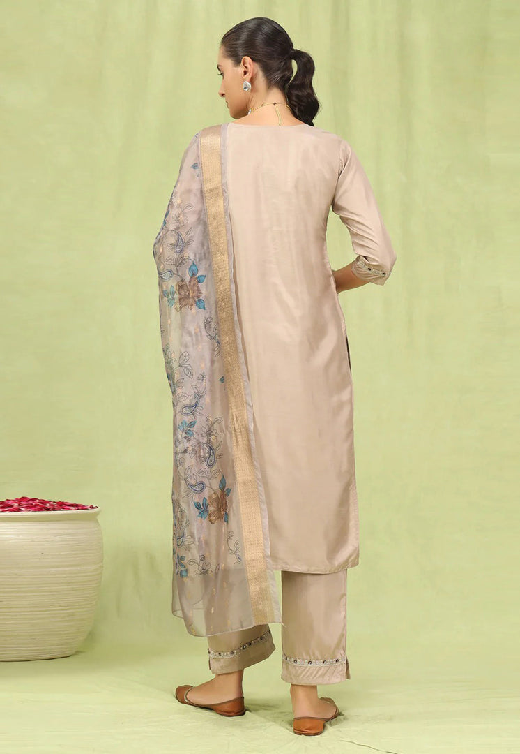 Beige Silk Readymade Pant Style Suit