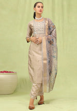 Load image into Gallery viewer, Beige Silk Readymade Pant Style Suit
