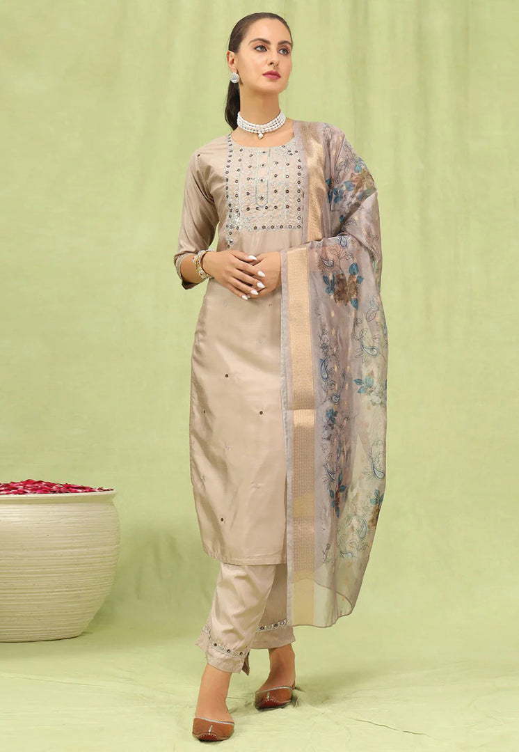 Beige Silk Readymade Pant Style Suit