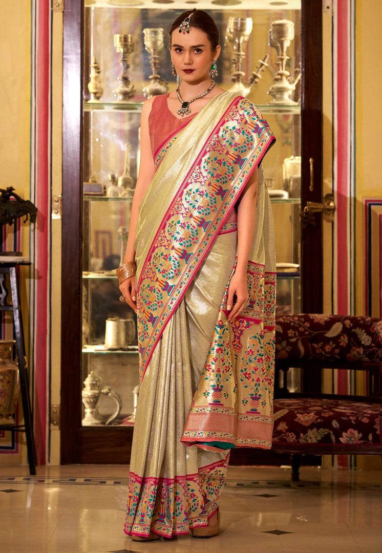 Beige Tissue Silk Saree With Blouse