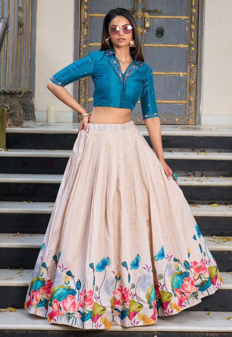 Beige Tussar Silk Floral Lehenga choli
