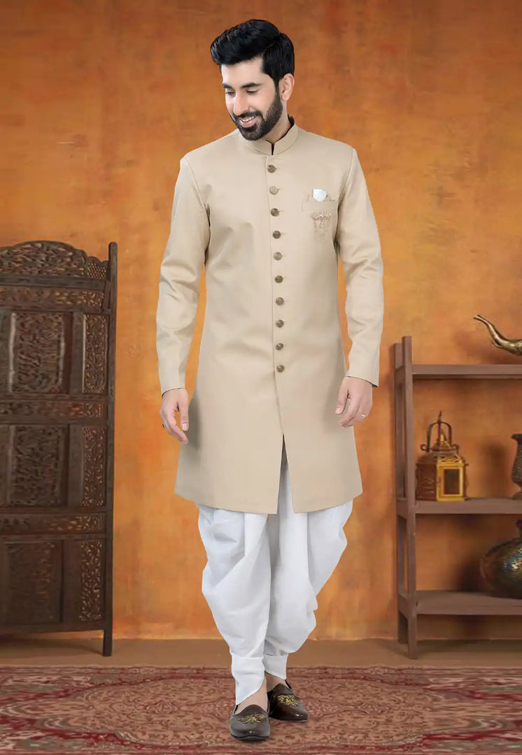 Beige Viscose Indo Western Suit