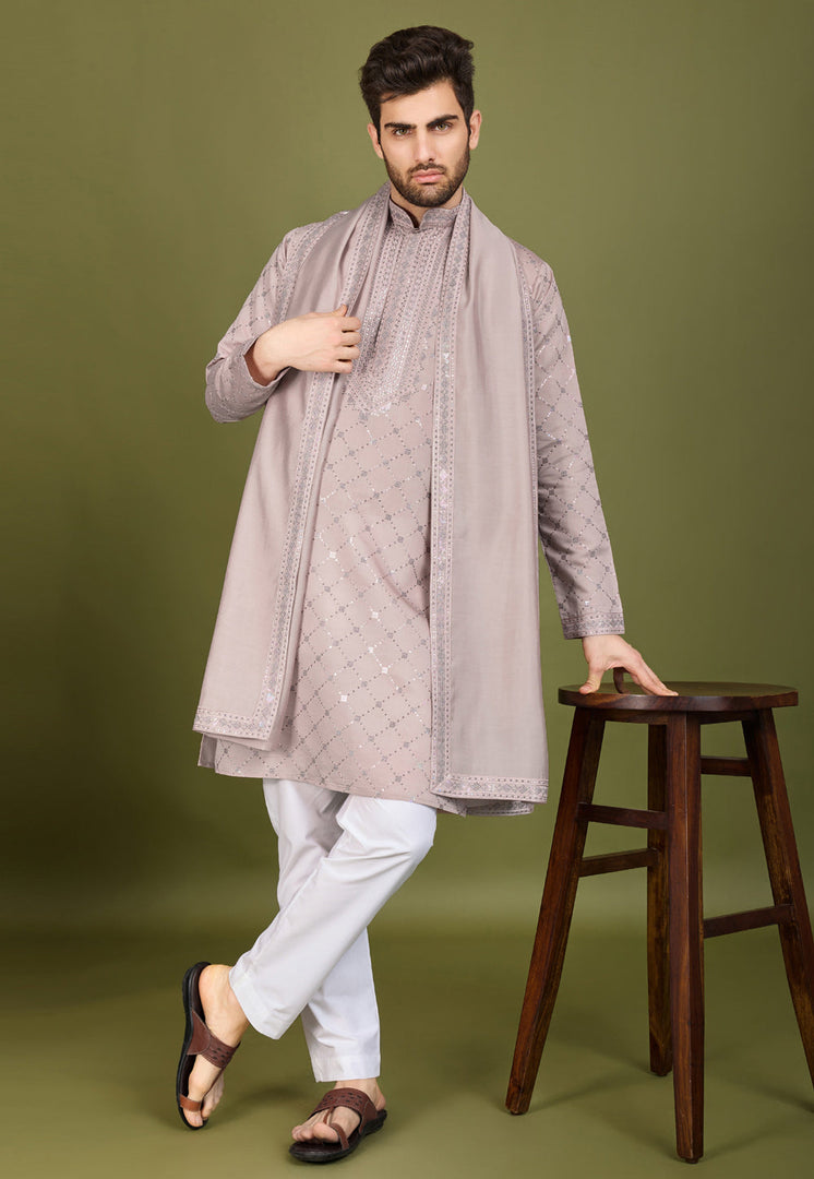 Beige Viscose Kurta Pajama With Stole