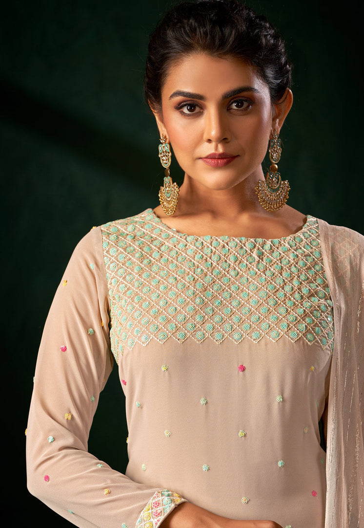 Beige Viscose Palazzo Suit