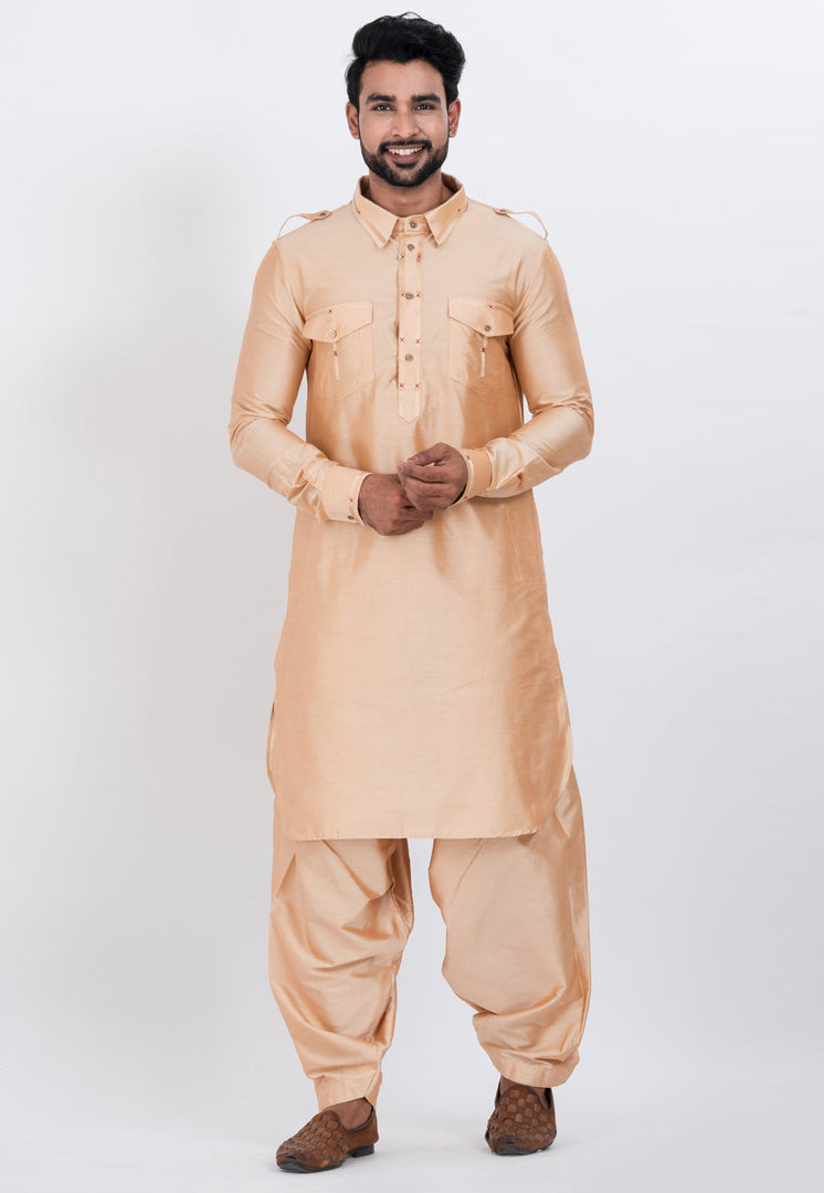 Beige Viscose Pathani Suit