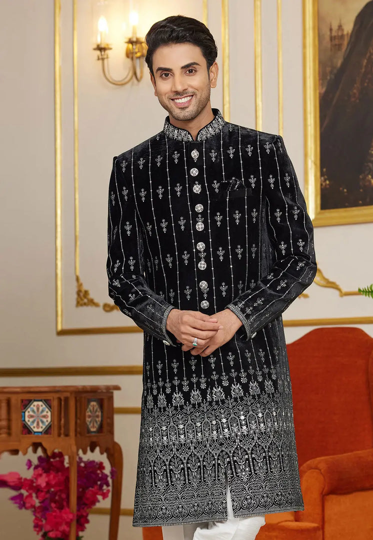 Black Art Silk Indo Western Sherwani