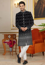Load image into Gallery viewer, Black Art Silk Indo Western Sherwani
