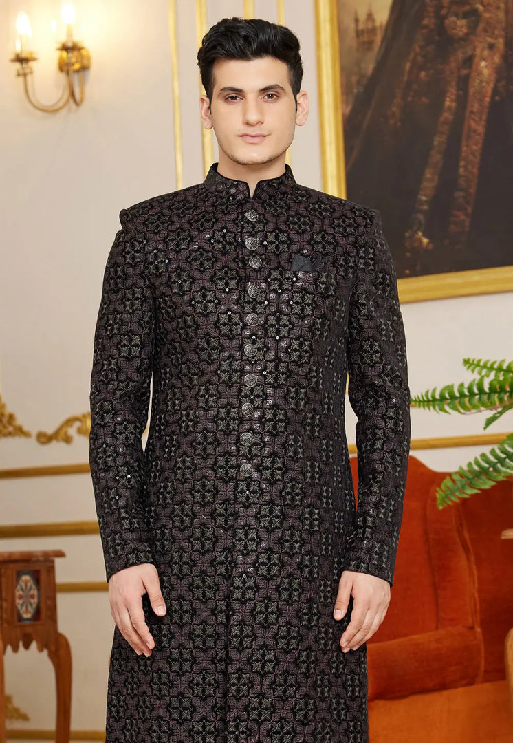 Black Art Silk Indo Western Sherwani