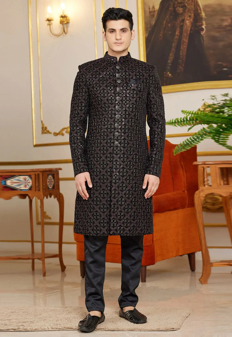 Black Art Silk Indo Western Sherwani