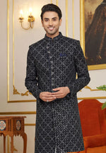 Load image into Gallery viewer, Black Art Silk Indo Western Sherwani
