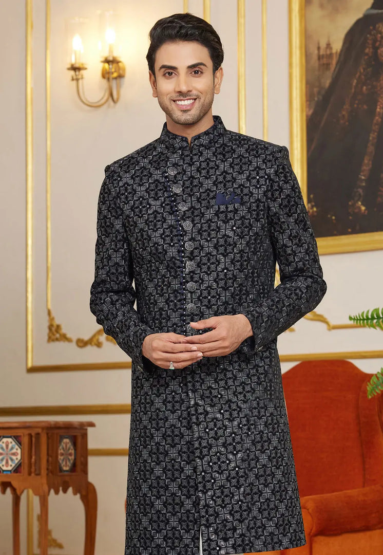 Black Art Silk Indo Western Sherwani